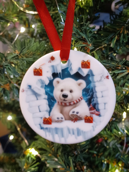 3D Style Ceramic Polar Bear Ornament, Handmade 3 inch Diameter. Adorable Polar Bear Christmas Ornament