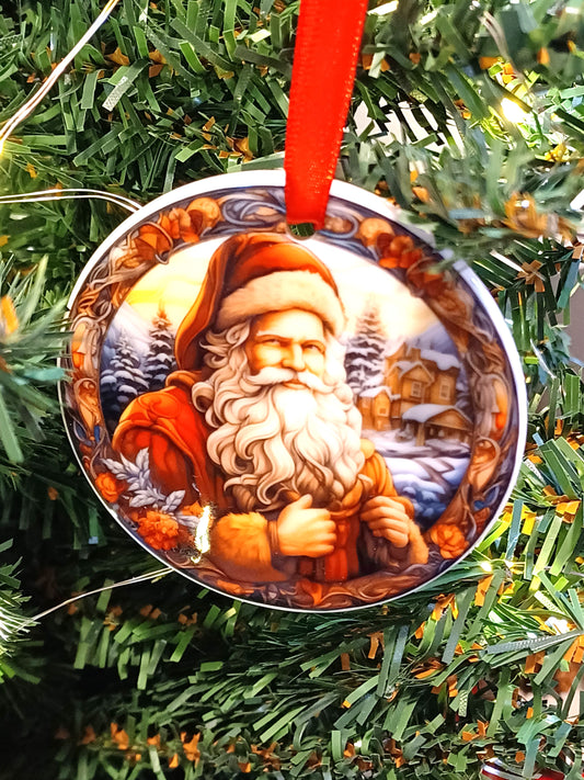 Old Fashion Santa Stained Glass Look White Ceramic Ornament