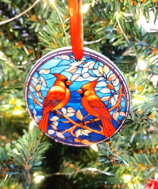 Two Cardinals Stained Glass Looking Ceramic Ornament