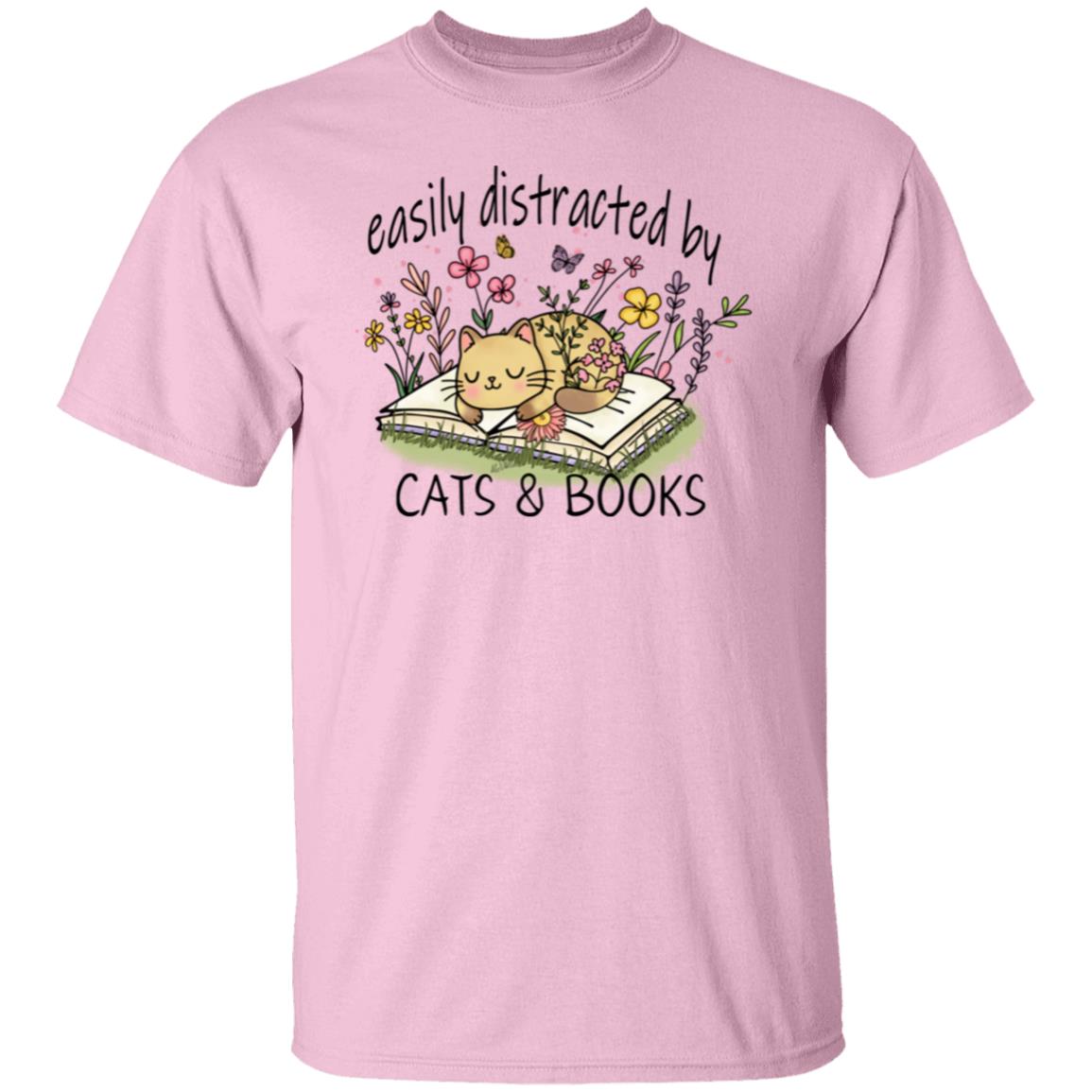 Easily Distracted by Cat and Books 5.3 oz. T-Shirt