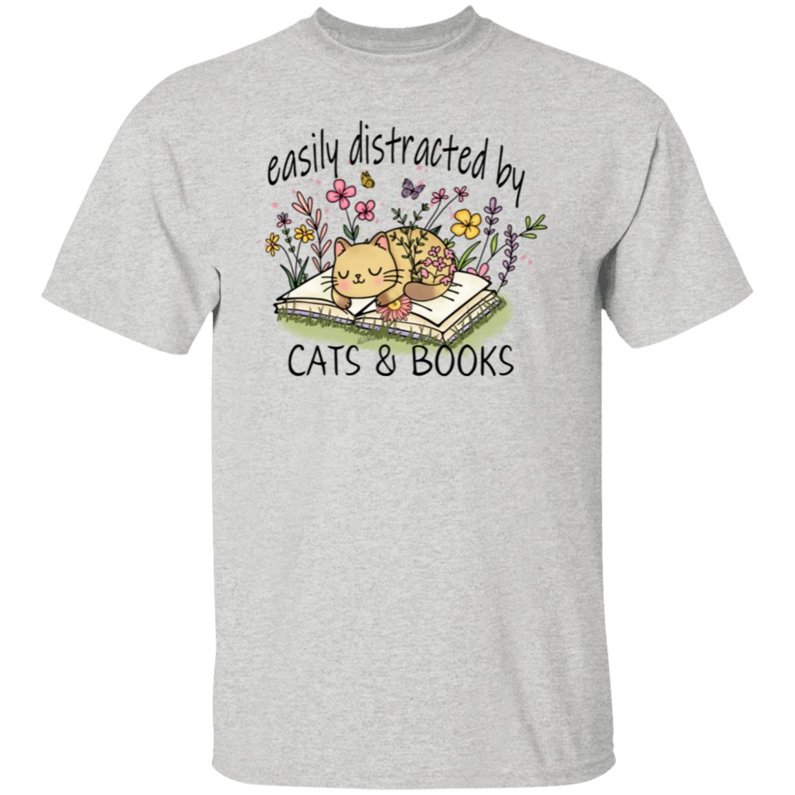 Easily Distracted by Cat and Books 5.3 oz. T-Shirt