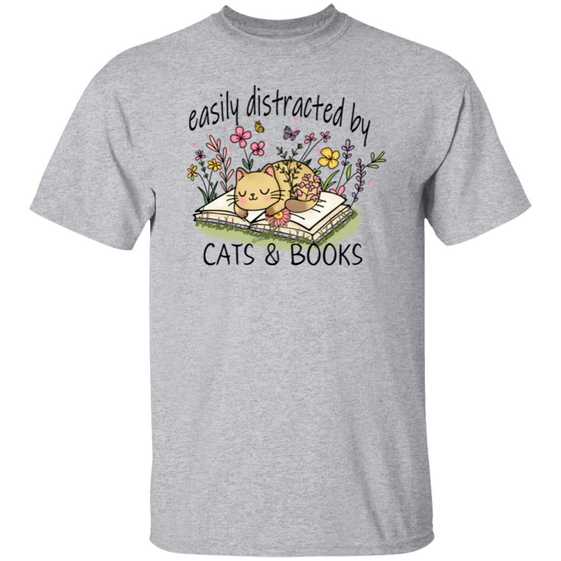 Easily Distracted by Cat and Books 5.3 oz. T-Shirt