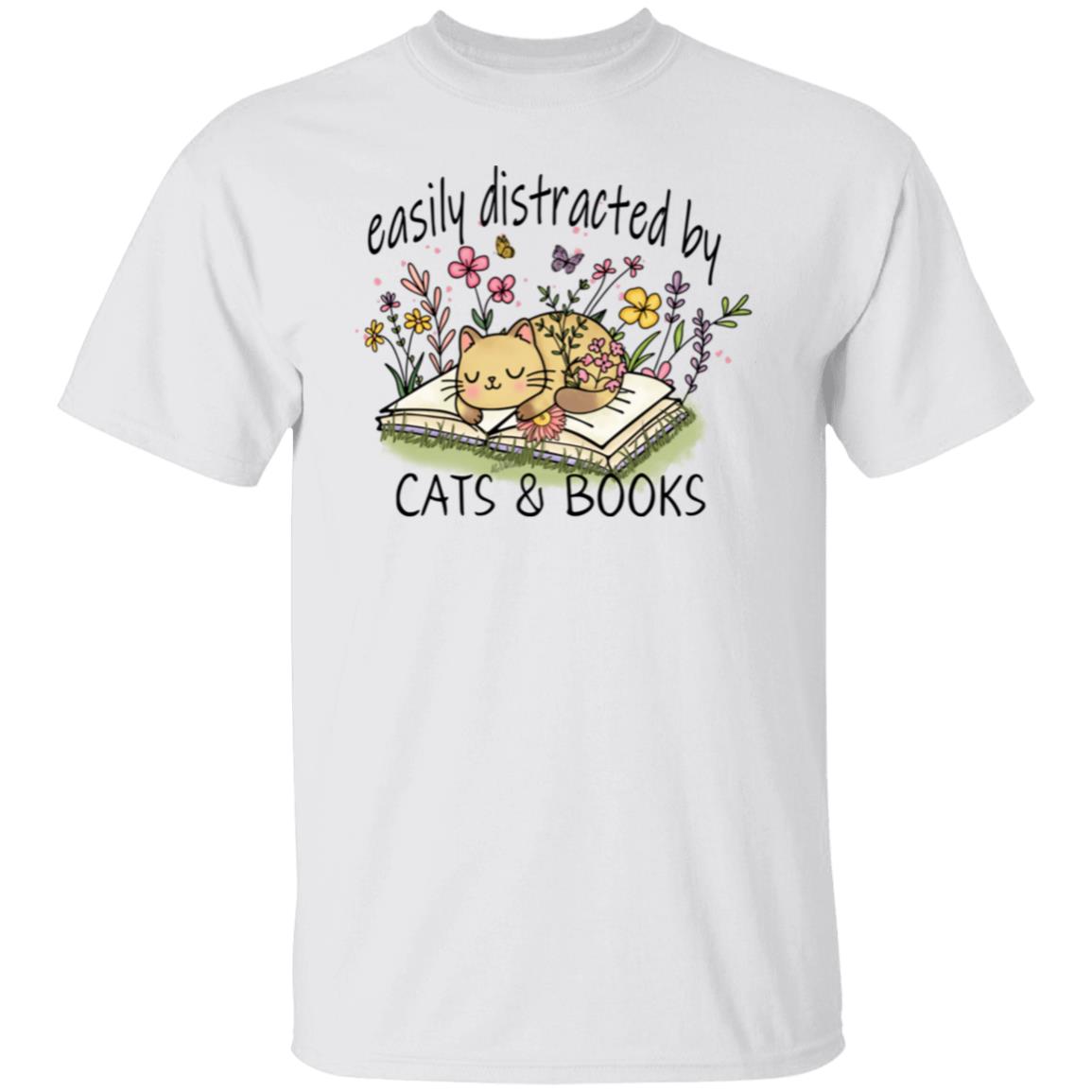 Easily Distracted by Cat and Books 5.3 oz. T-Shirt