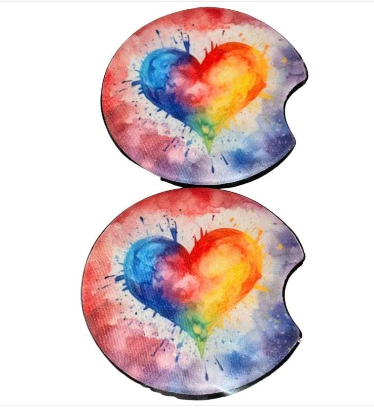 Rainbow Heart Neoprene Car Coasters, Set of 2, Stocking Stuffer, Christmas, Daughter Gift