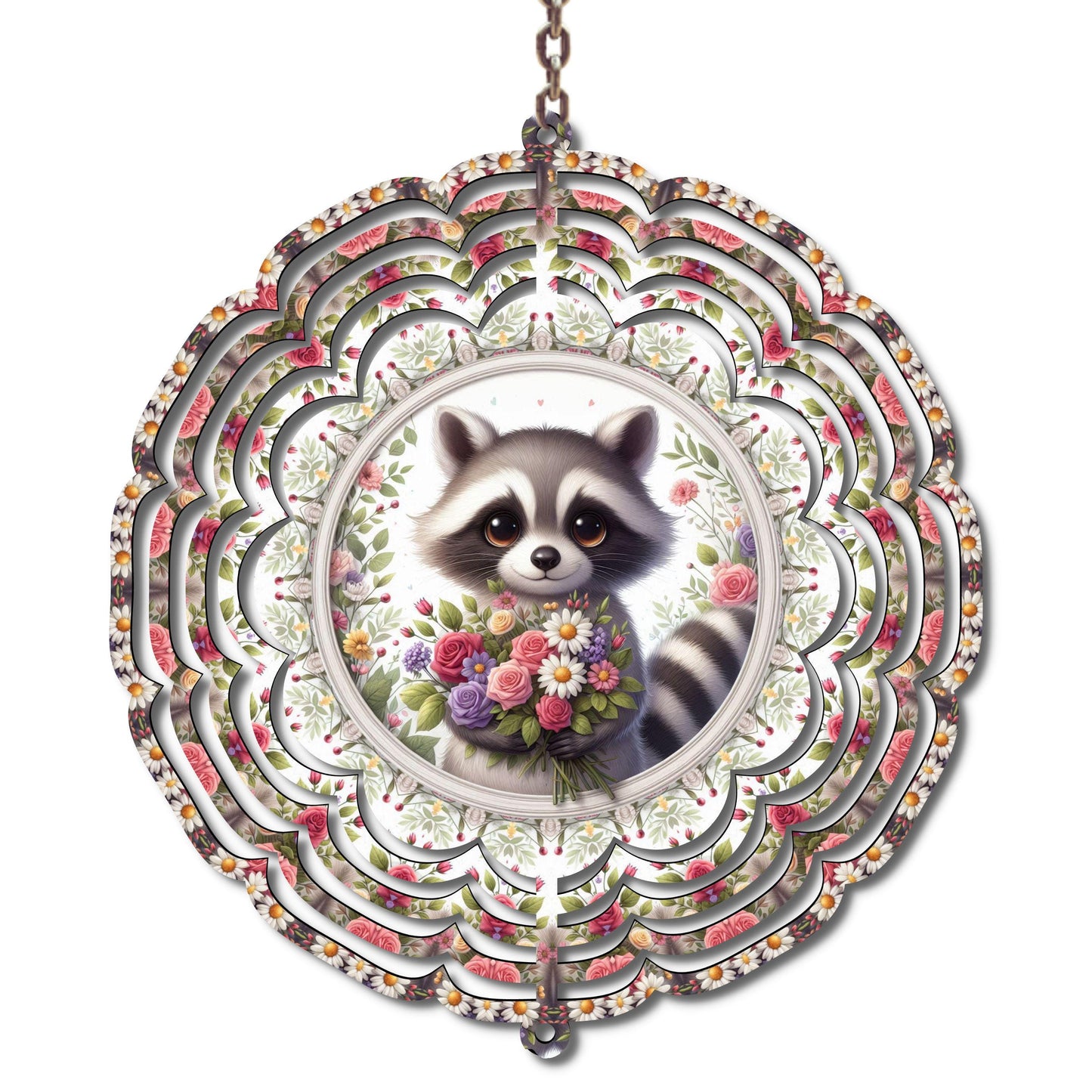Raccoon Metal Wind Spinner, Floral Garden Decor, Whimsical Yard Art