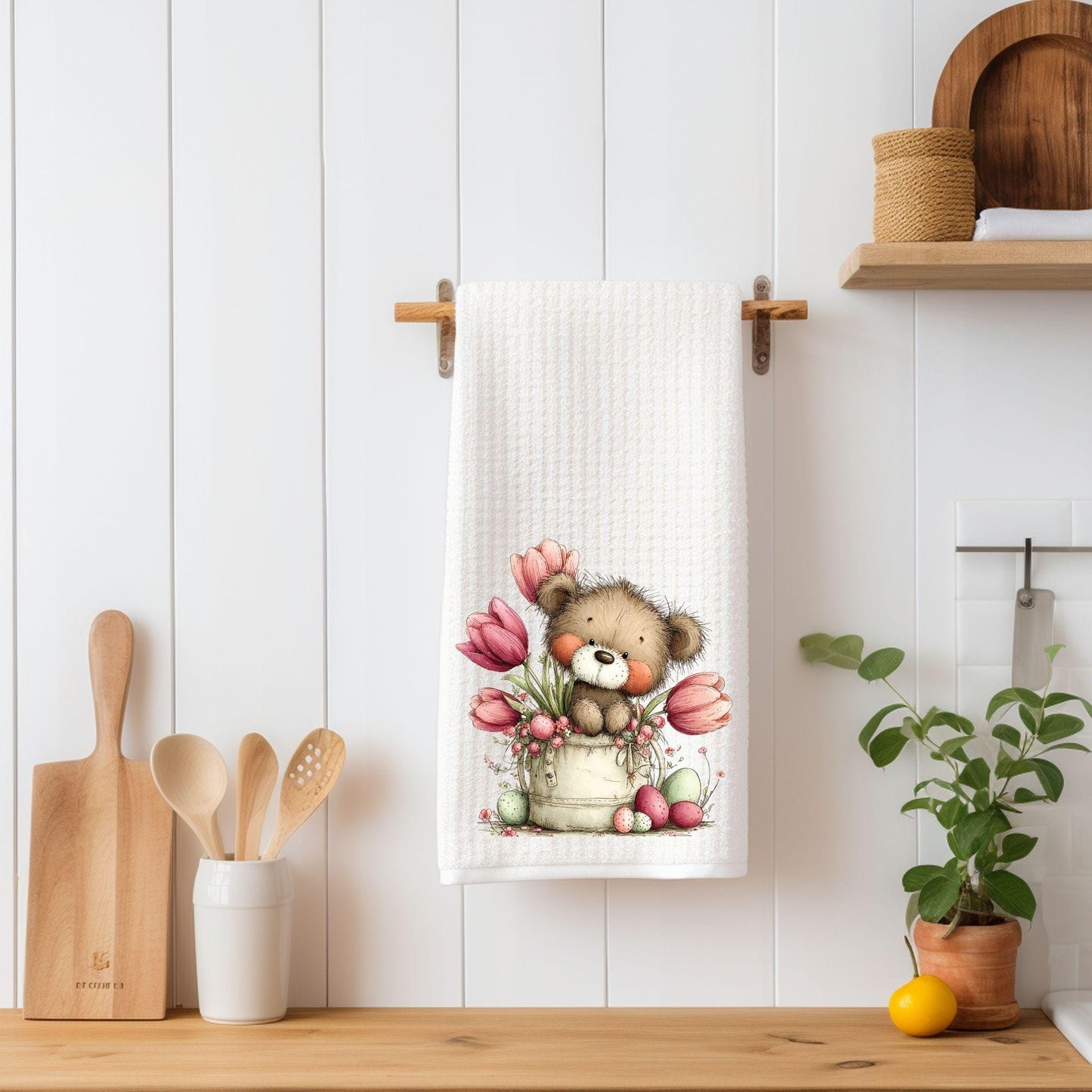 Easter Teddy Bear Kitchen Towel | Spring Bunny Floral Waffle Towel | Farmhouse Easter Decor | Cute Bear with Flowers | Easter Hostess Gift