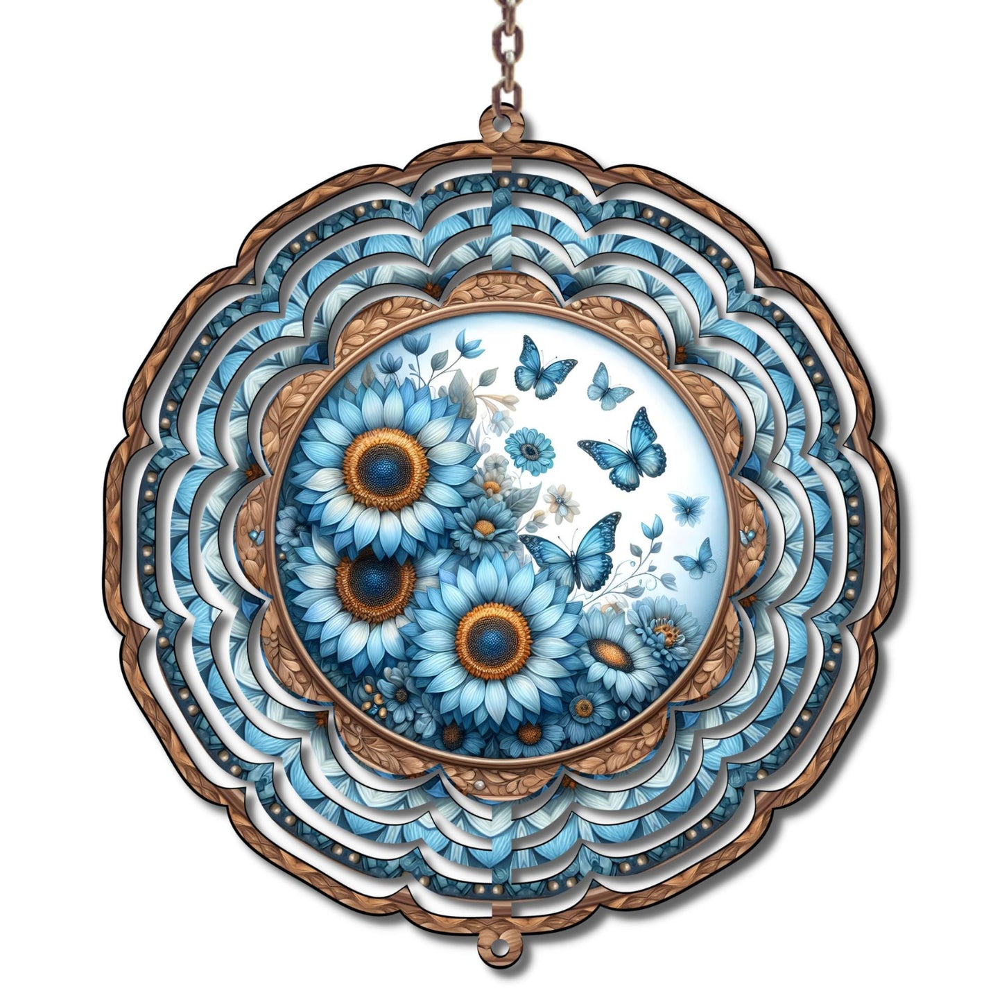 Blue Sunflower Butterfly Metal Wind Spinner, 10 Inch Floral Garden Decor