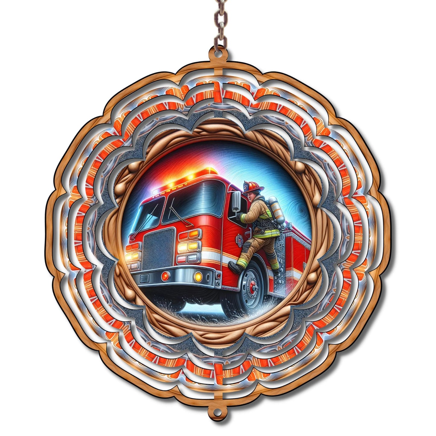 Firefighter Wind Spinner, Fire Truck Garden Decor, Aluminum Metal Art