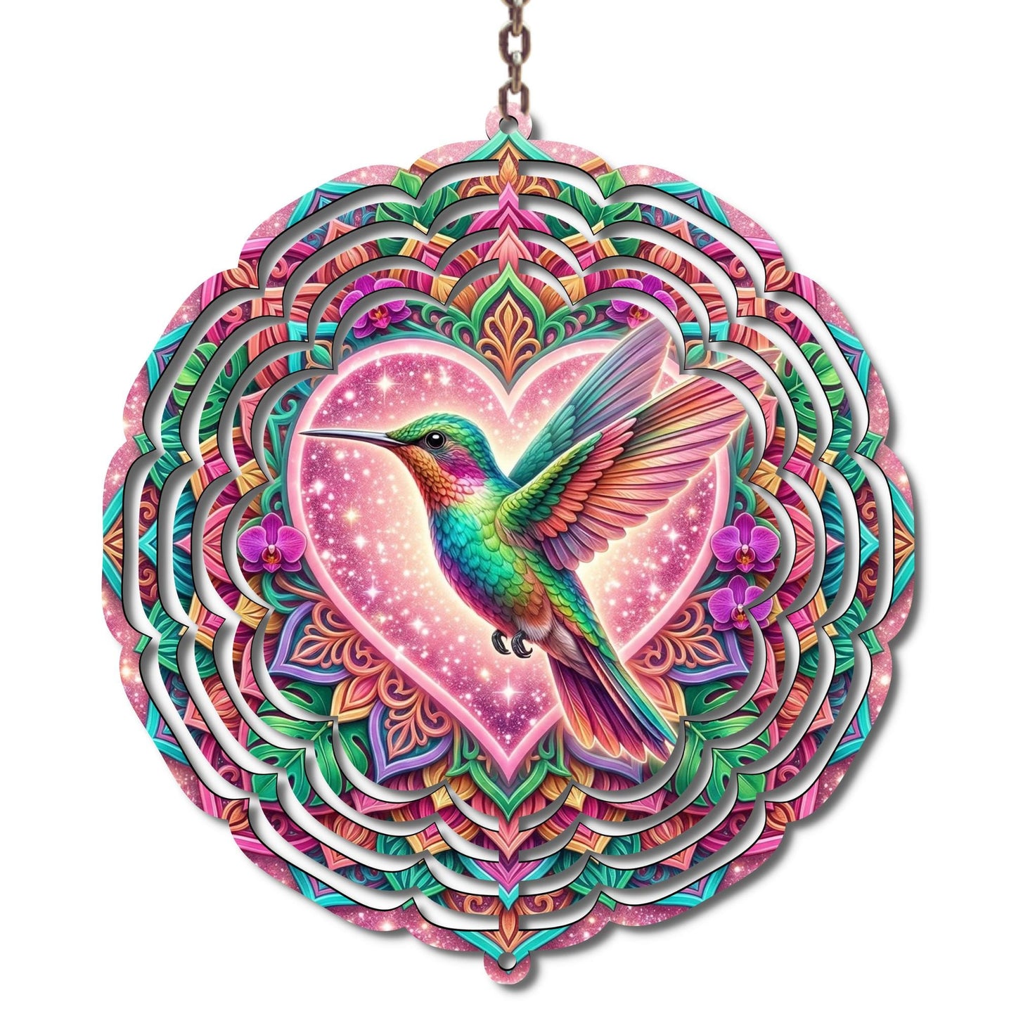Hummingbird Heart Wind Spinner | Colorful Floral Metal Garden Art (10 inch)