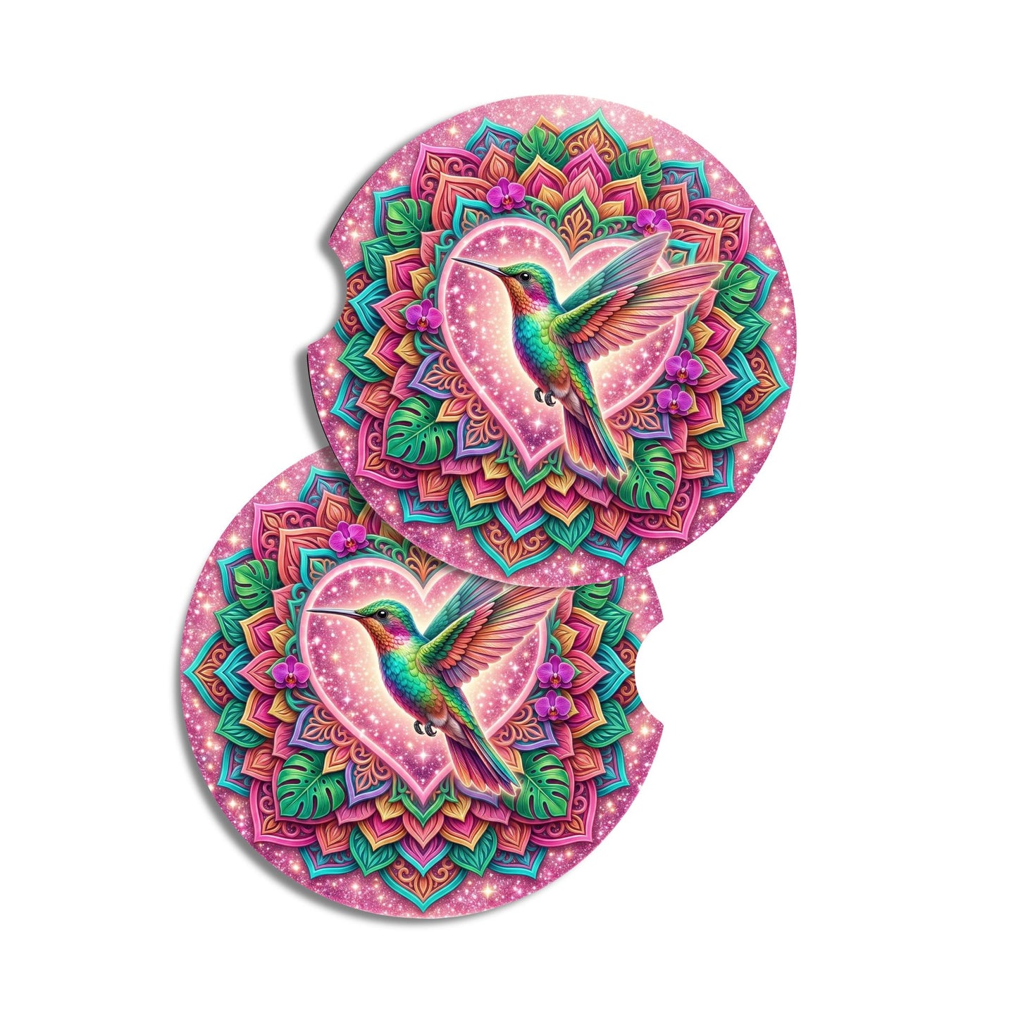 Hummingbird Heart Car Coasters | Colorful Floral Mandala Auto Accessories
