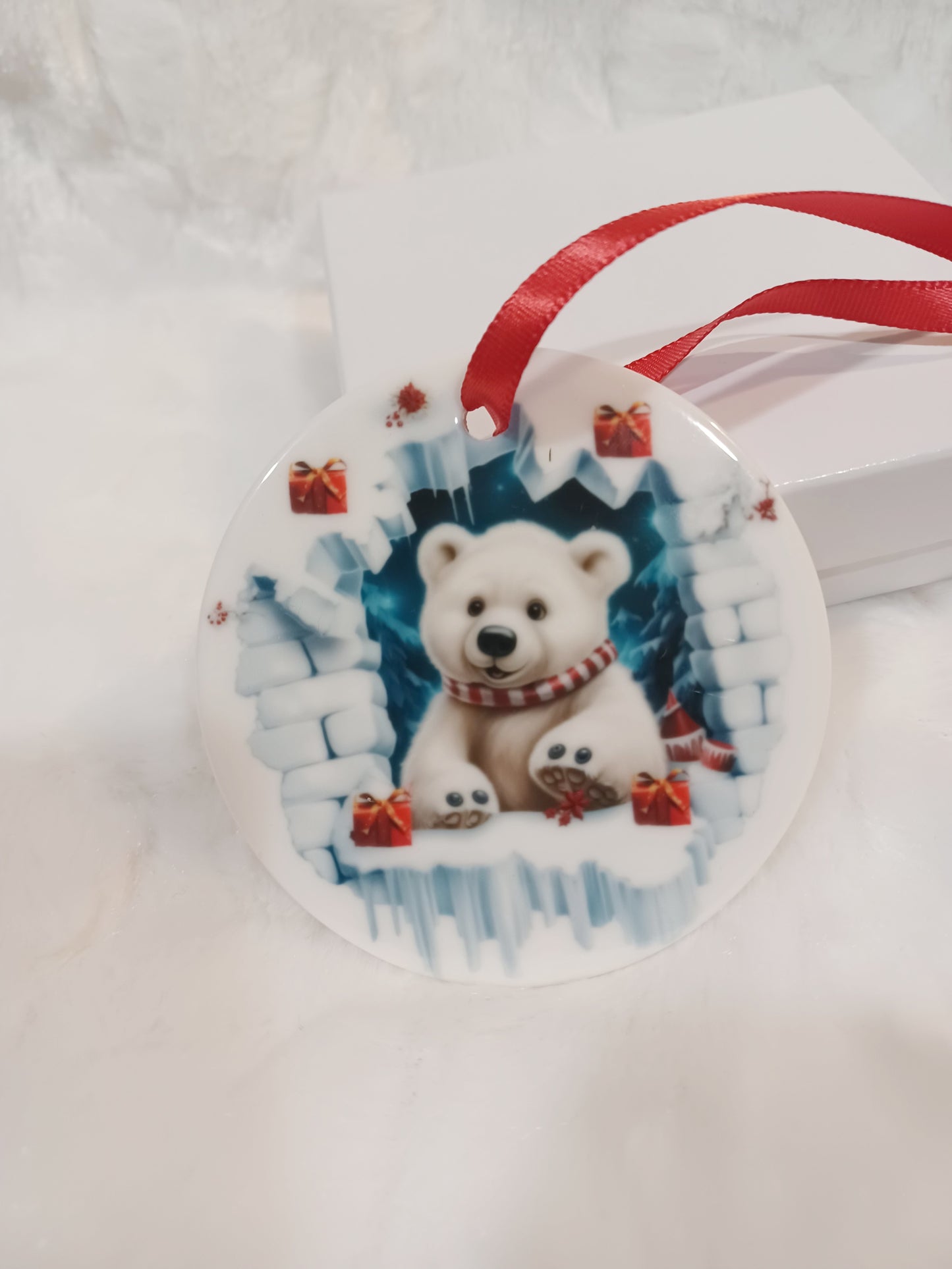 3D Style Ceramic Polar Bear Ornament, Handmade 3 inch Diameter. Adorable Polar Bear Christmas Ornament