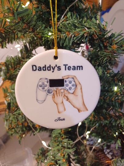Personalized Gamer Dad Christmas Ornament, Custom Kid Hands