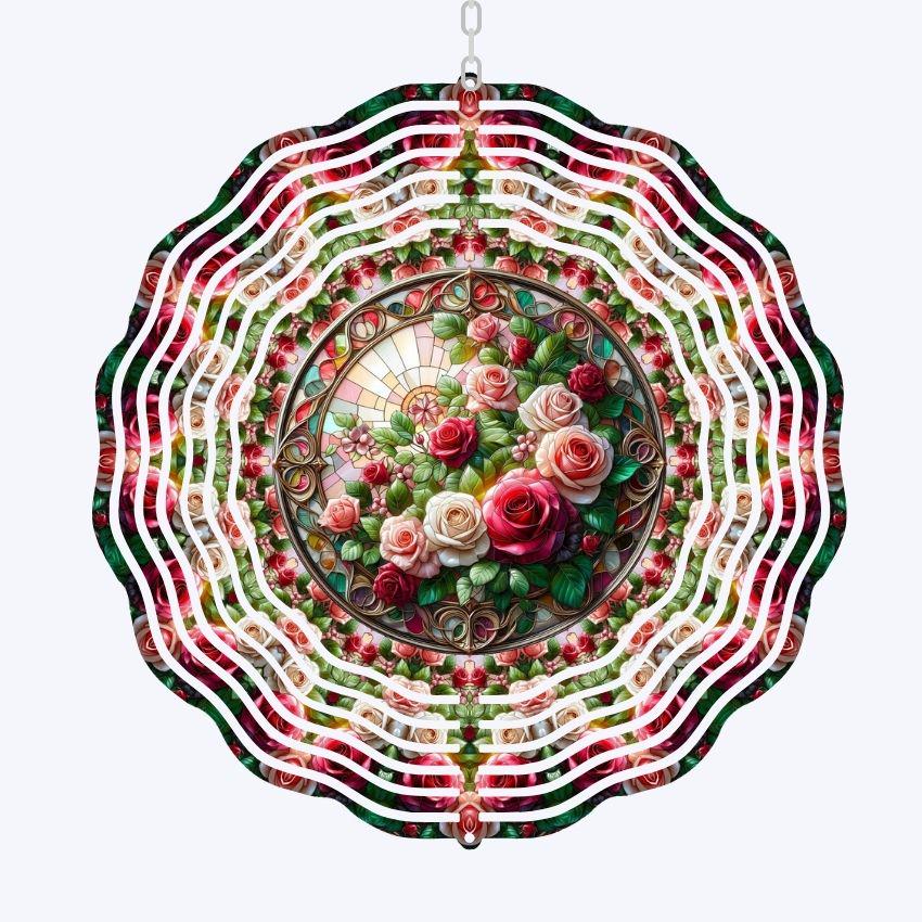 Pink Roses Metal Wind Spinner, Elegant Yard Decor