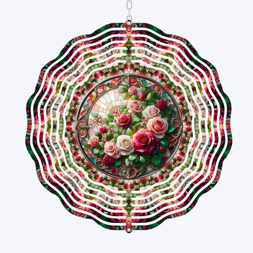 Pink Roses Metal Wind Spinner, Elegant Yard Decor