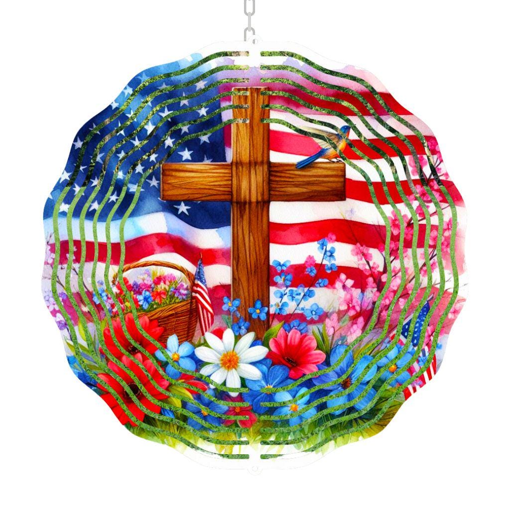 Patriotic Cross Wind Spinner, USA Floral Decor, Veteran Gift