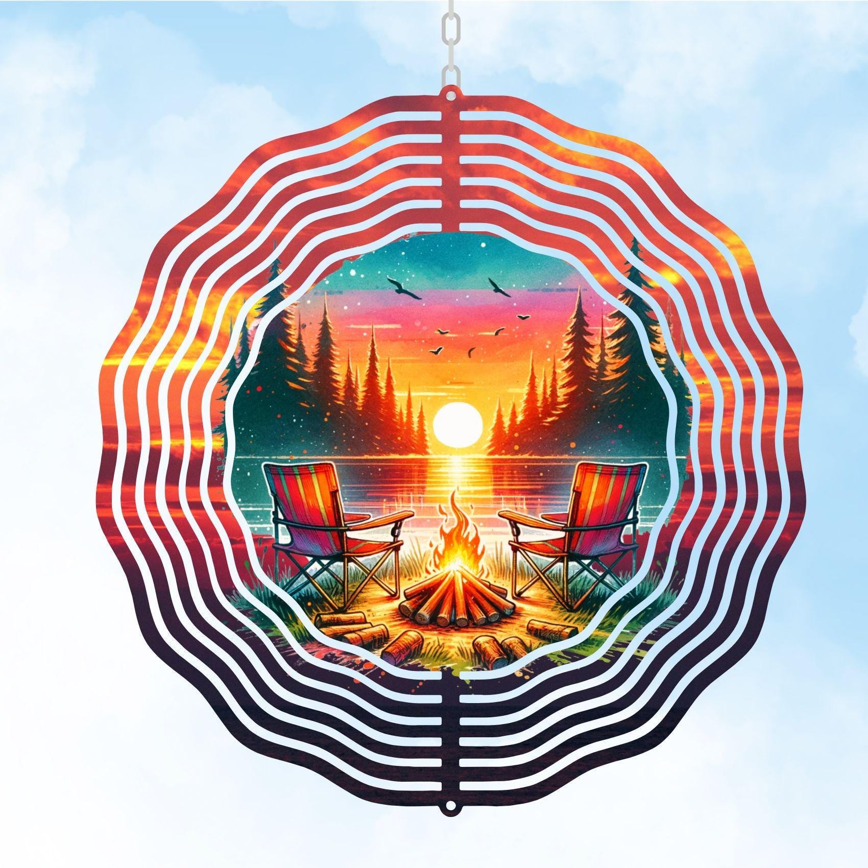 Handcrafted 3D metal wind spinner featuring a glowing campfire scene, spinning kinetic garden decor for outdoor yard display