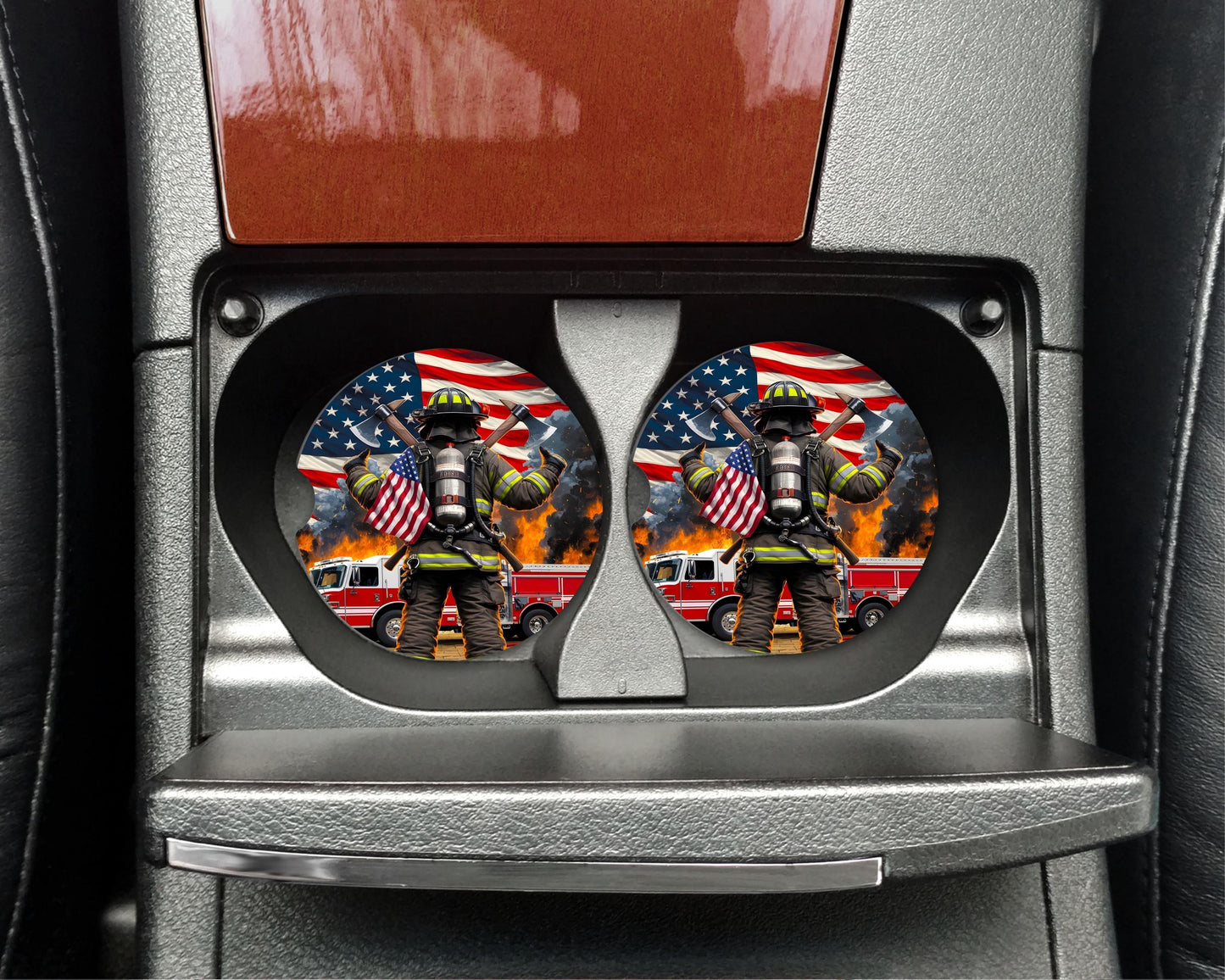 Firefighter Car Coasters, American Flag Neoprene Cup Holder Inserts, Set of 2