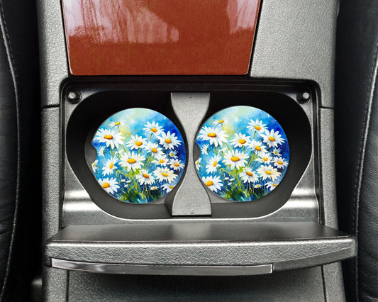 Daisy Car Coasters, Floral Neoprene Cup Holder Inserts, Set of 2