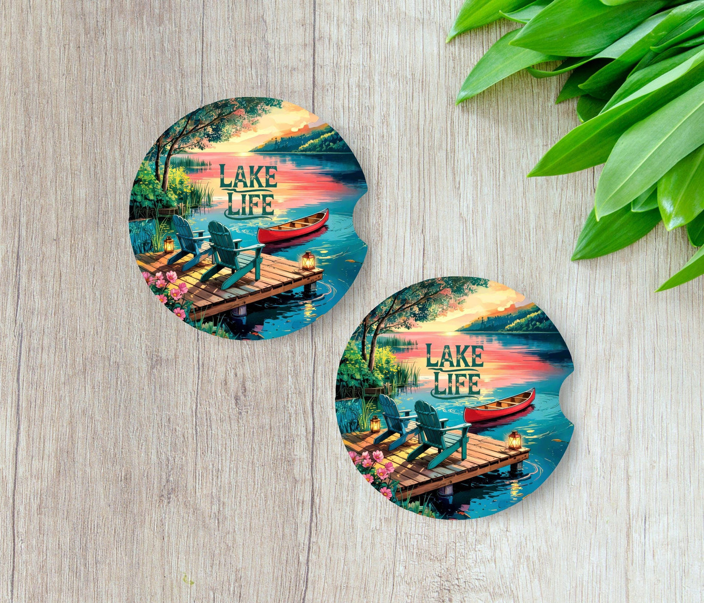 Lake Life Car Coasters, Summer, Car Accessories, 50th Birthday Gift for Women