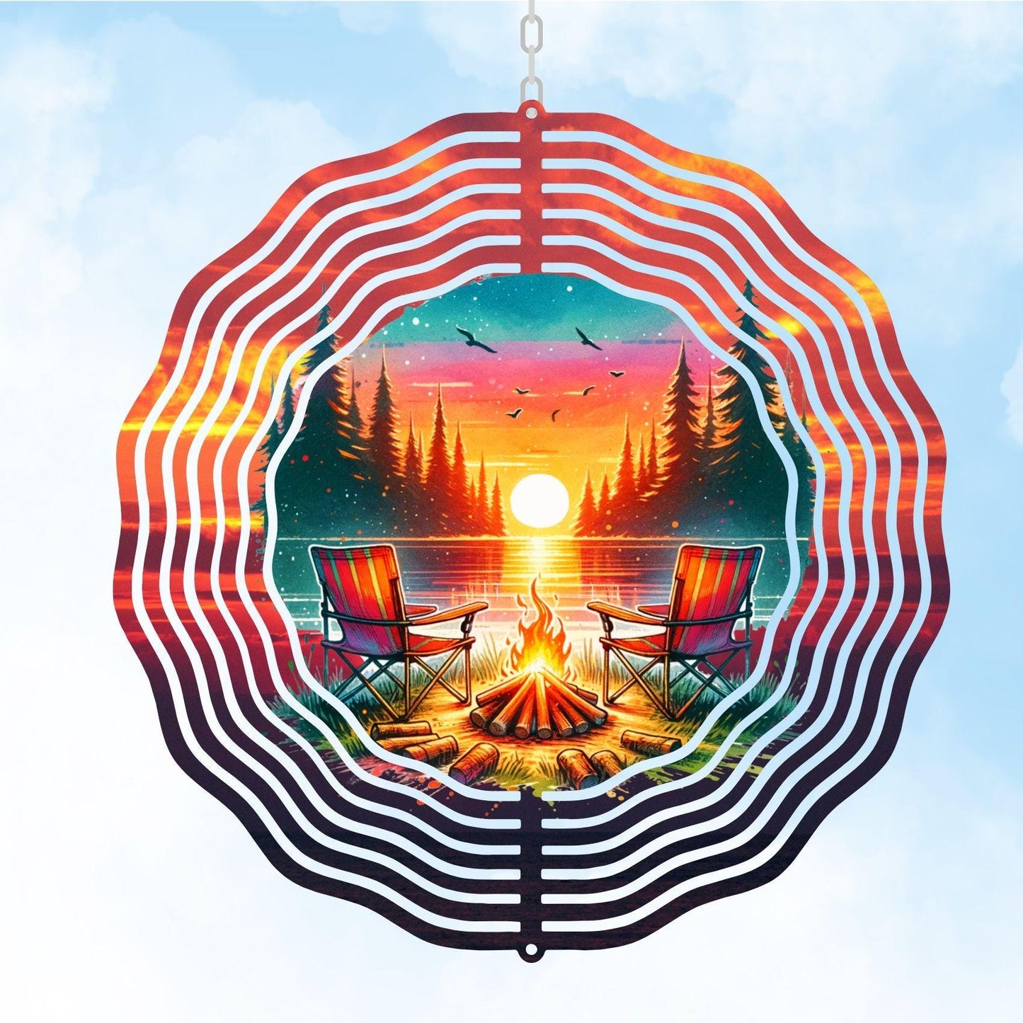 Campfire Scene Wind Spinner, 3D Metal Garden Decor