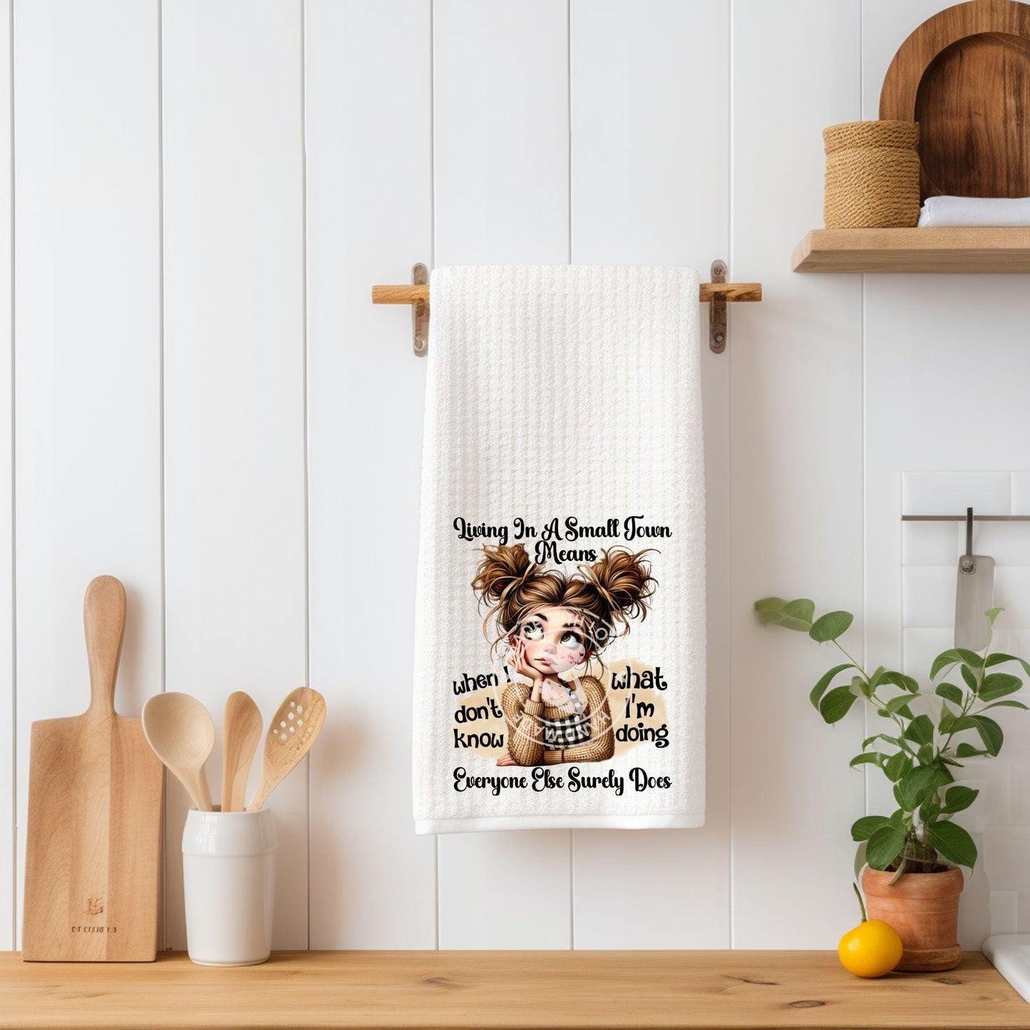 Small Town Life Waffle Towel, Funny Kitchen Towel with Quote, Housewarming Gift, Hostess Gift