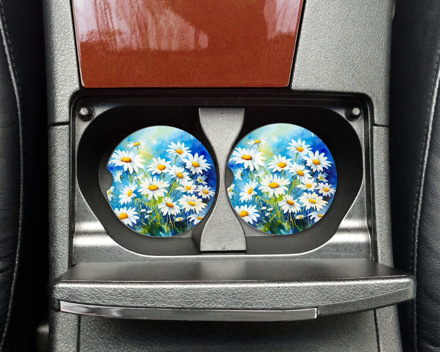 Daisy Car Coasters, Floral Neoprene Cup Holder Inserts, Set of 2