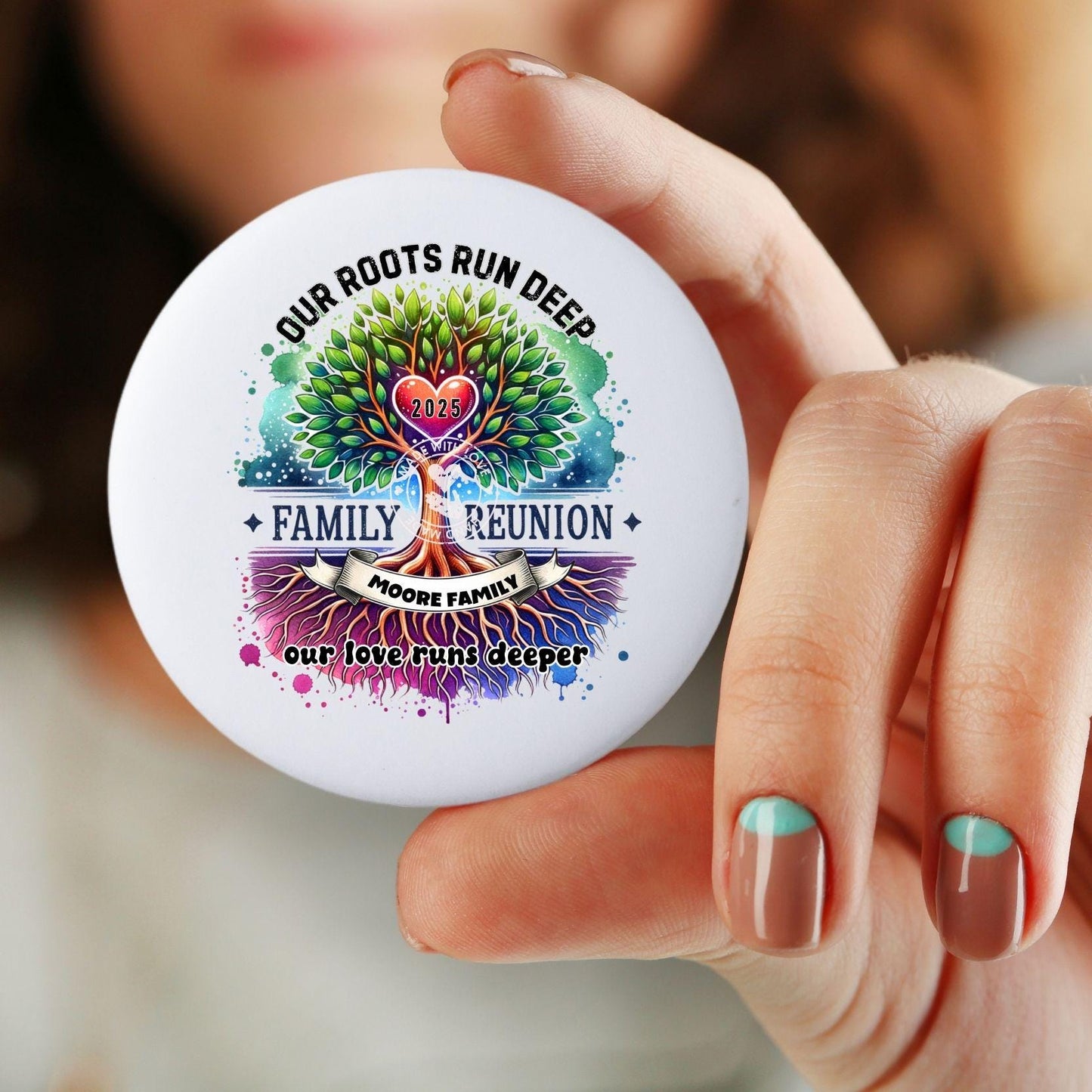 Personalized Family Reunion Button, Tree Design, Keepsake