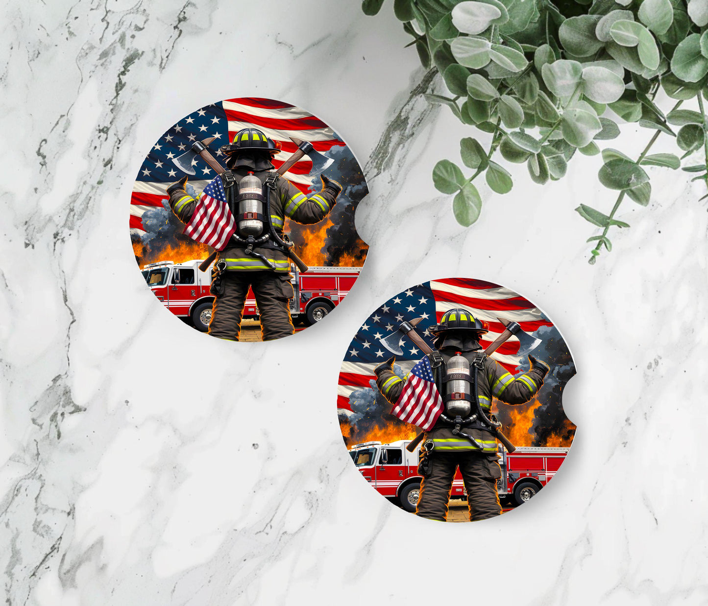 Firefighter Car Coasters, American Flag Neoprene Cup Holder Inserts, Set of 2