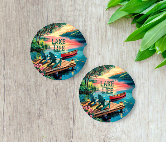 Lake Life Car Coasters, Summer, Car Accessories, 50th Birthday Gift for Women
