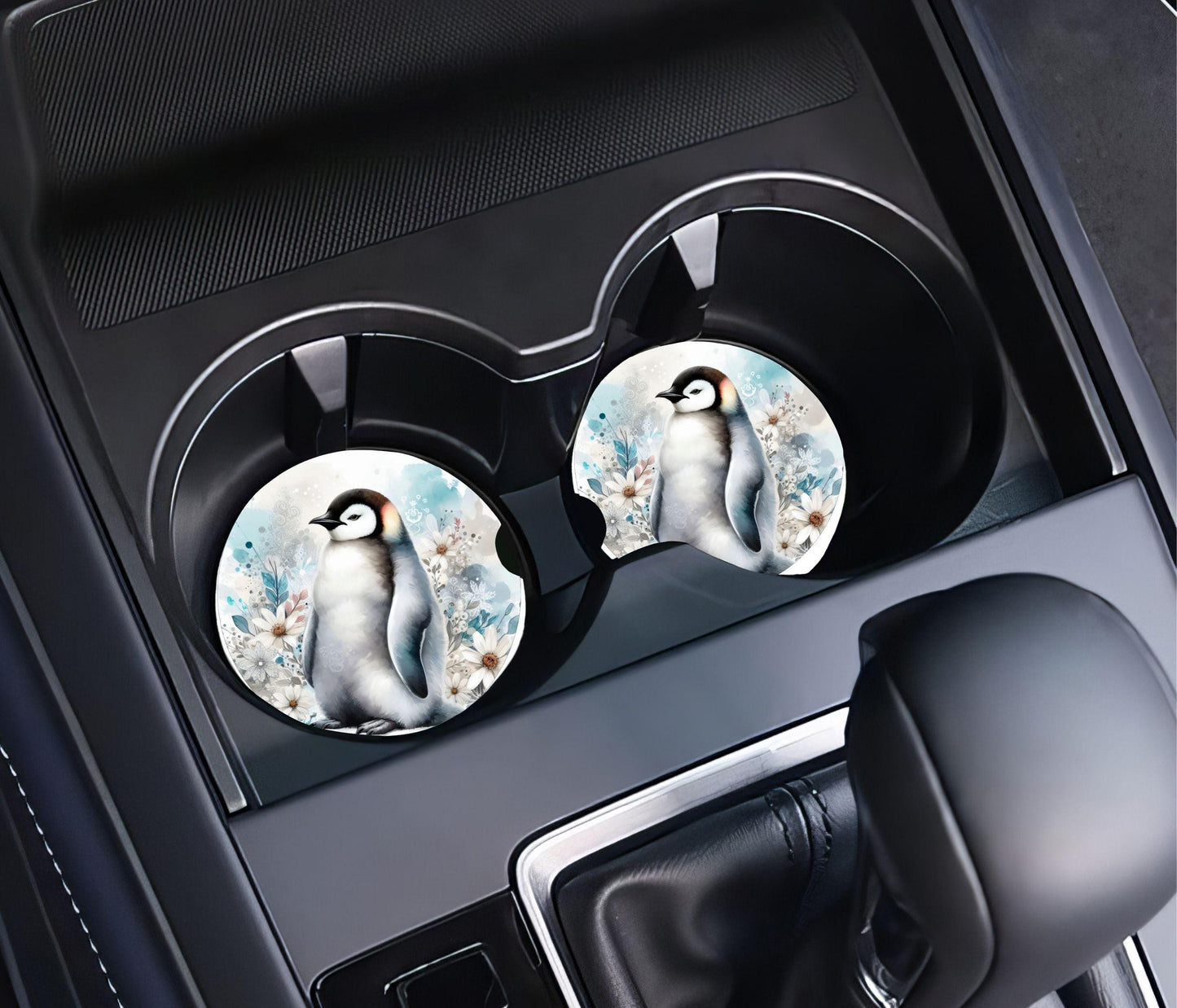 Penguin Car Coasters, Winter Floral Neoprene, Set of 2