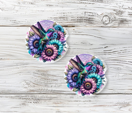 Hummingbird Sunflower Car Coasters: Floral Neoprene Cup Holder Coasters - Set of 2