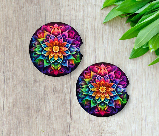 Rainbow Mandala Car Coasters: Neoprene Cup Holder Inserts - Yogi Gift