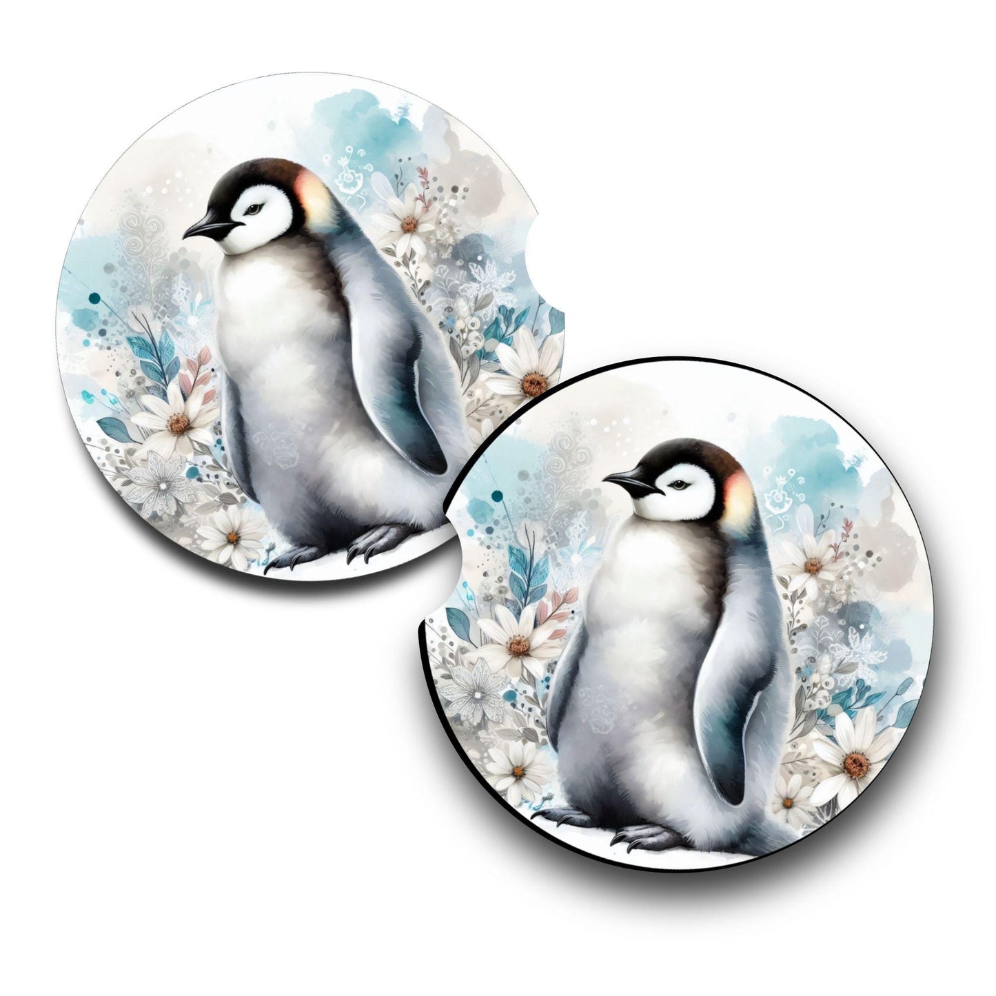 Penguin Car Coasters, Winter Floral Neoprene, Set of 2