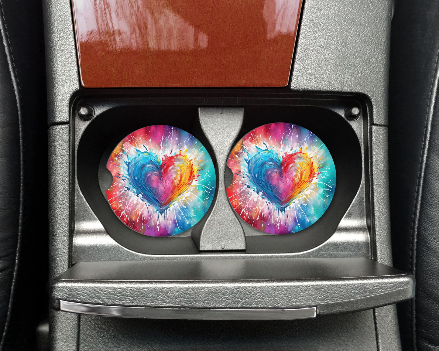 Colorful Heart Car Coasters Set of 2 | Neoprene Cup Holder Inserts | Rainbow Paint Splash Heart | Cute Car Accessory Gift for Her