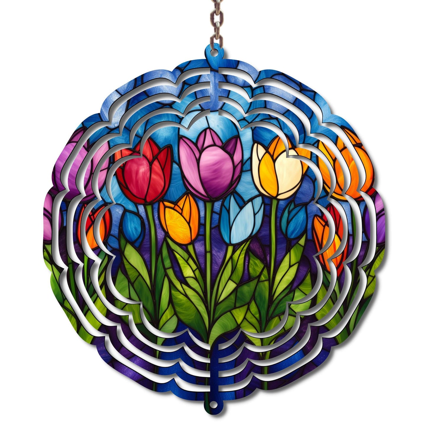 Colorful stained glass tulip wind spinner catching sunlight, vibrant spring Easter yard decor twirling in the breeze