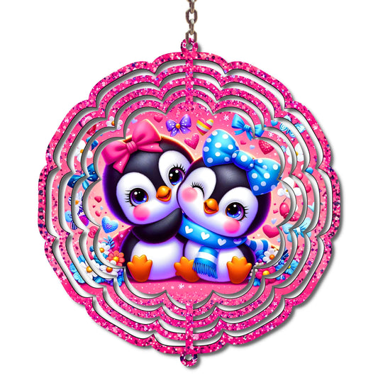 Pink Penguin Couple Wind Spinner, Valentine’s Day Yard Decor, Outdoor 3D Metal Spinner with Hearts, Wife Gift