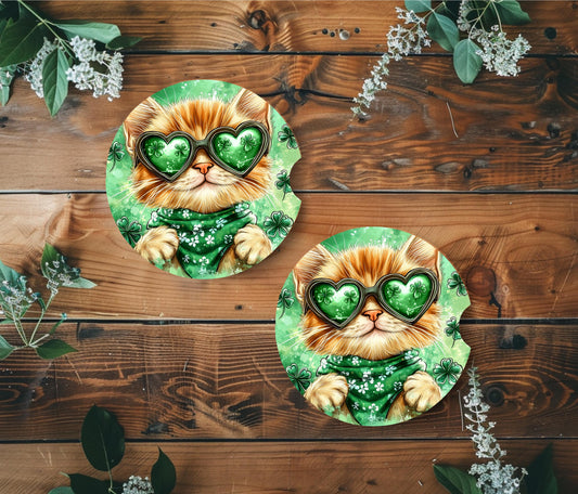 St. Patrick’s Day Cat Car Coasters Set of 2, Neoprene Car Coasters, Cute Cat, Mom Gift