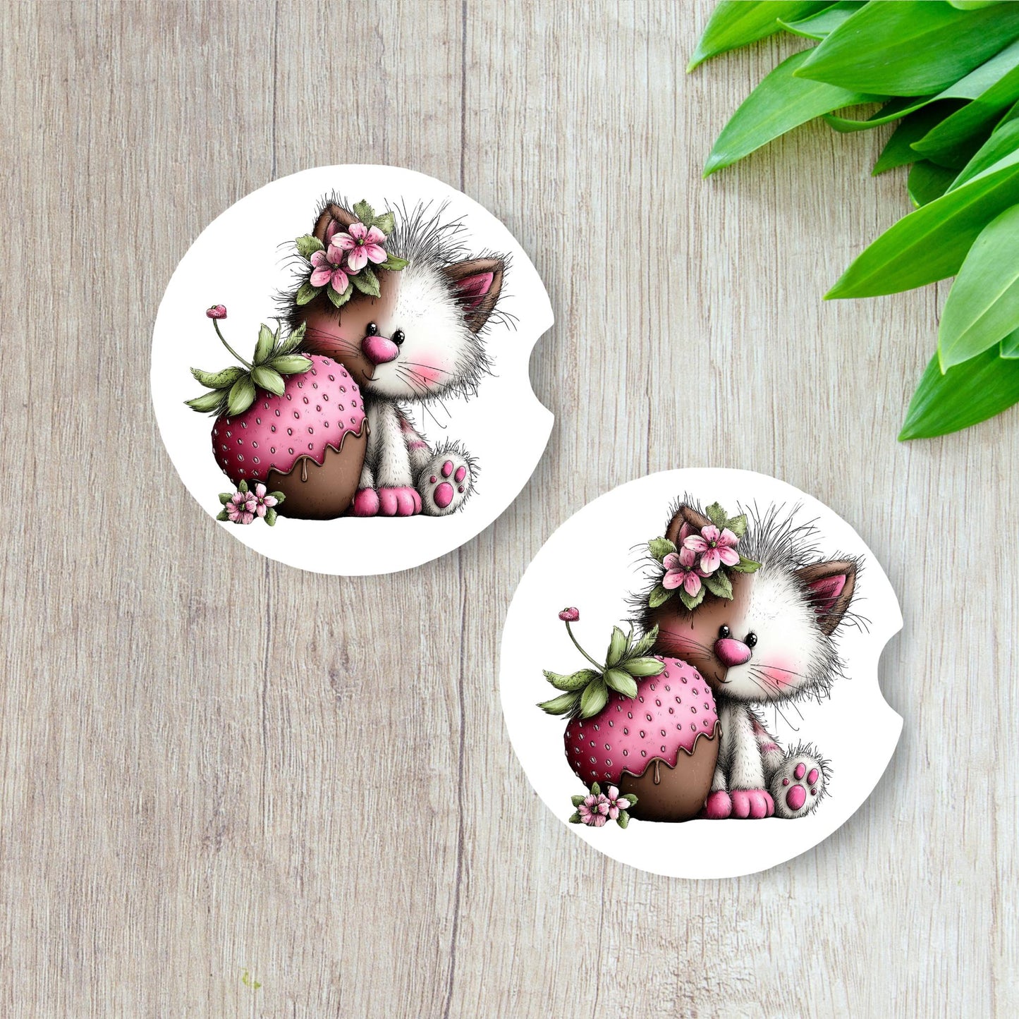 Strawberry Kitten Car Coasters | Set of 2 Neoprene Coasters | Cat Lover Gift