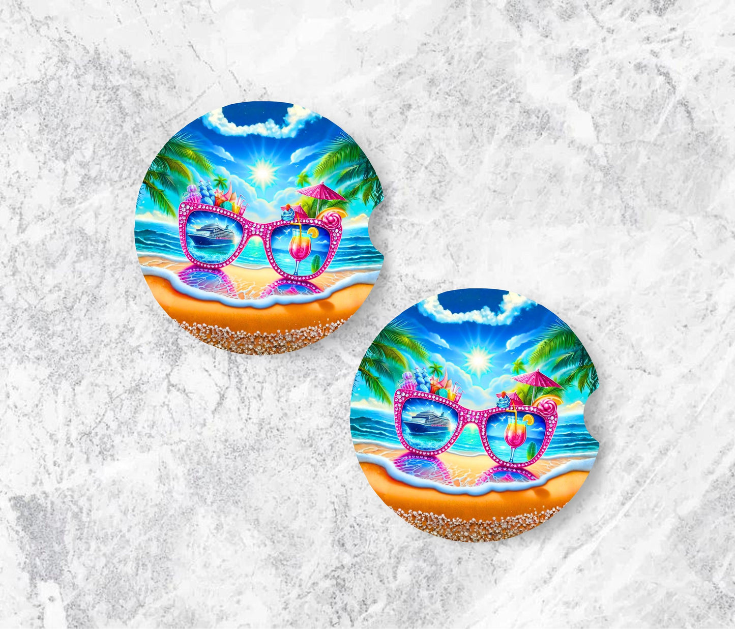 Beach Car Coasters, Set of 2 Neoprene Cup Holder Coasters, Summer Car Accessories
