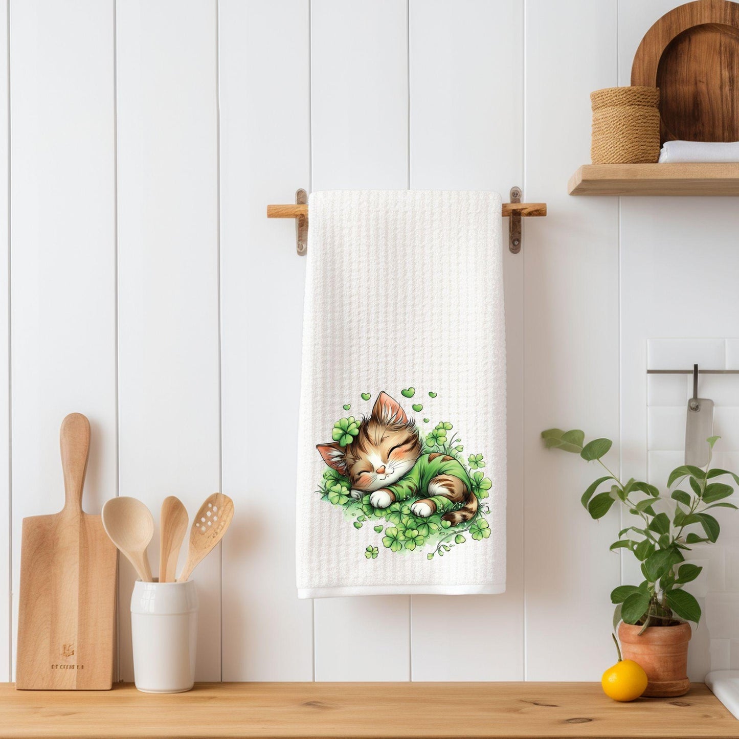 St Patrick’s Day Cat Kitchen Towel | Lucky Shamrock Kitty Waffle Dish Towel | Irish Farmhouse Decor | Green Clover Cat Lover Gift