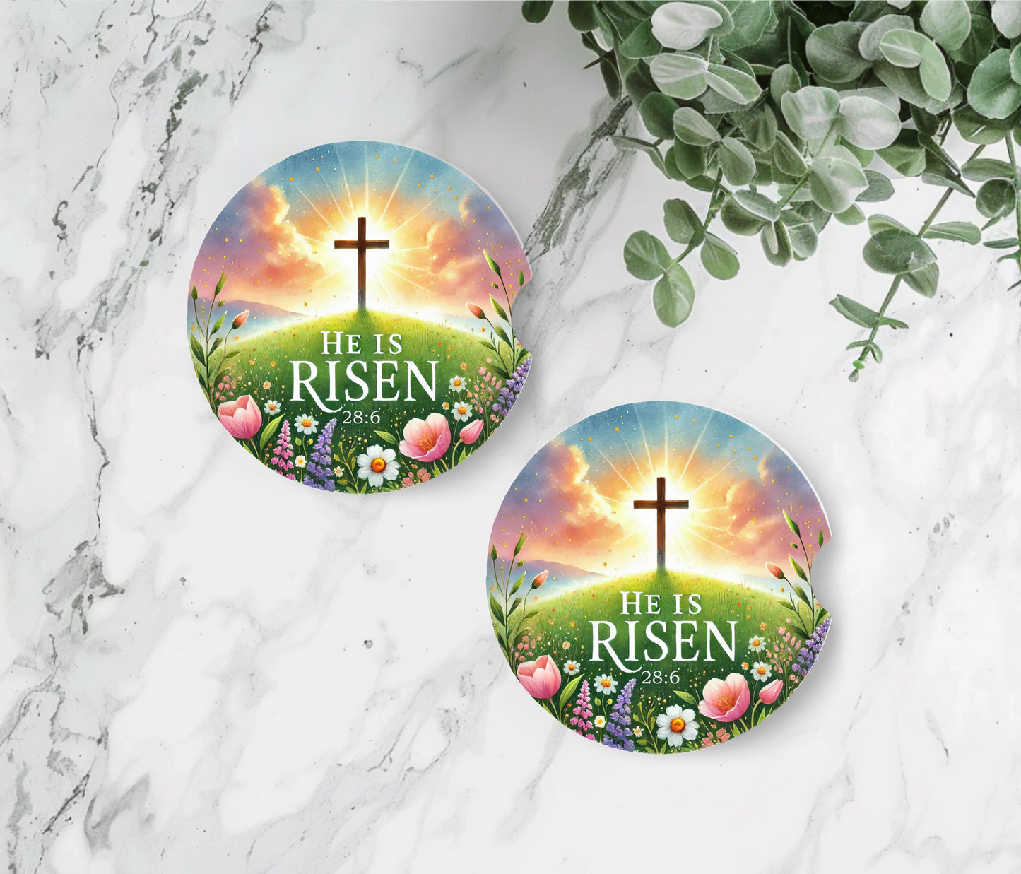 Vibrant Easter Christian car coasters set of 2, bold He Is Risen neoprene design, non-slip absorbent cup holders