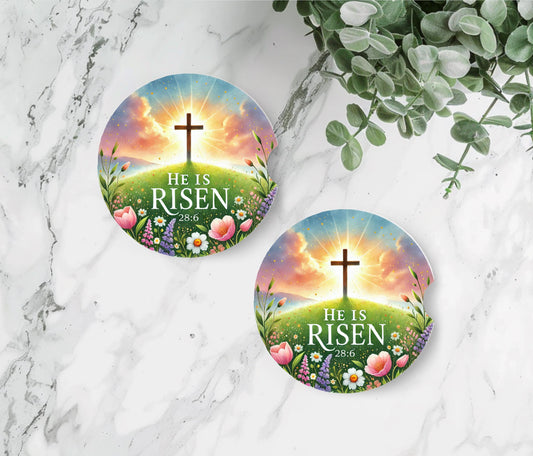 Vibrant Easter Christian car coasters set of 2, bold He Is Risen neoprene design, non-slip absorbent cup holders