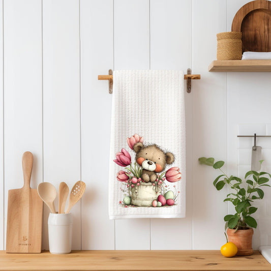 Easter Teddy Bear Kitchen Towel | Spring Bunny Floral Waffle Towel | Farmhouse Easter Decor | Cute Bear with Flowers | Easter Hostess Gift