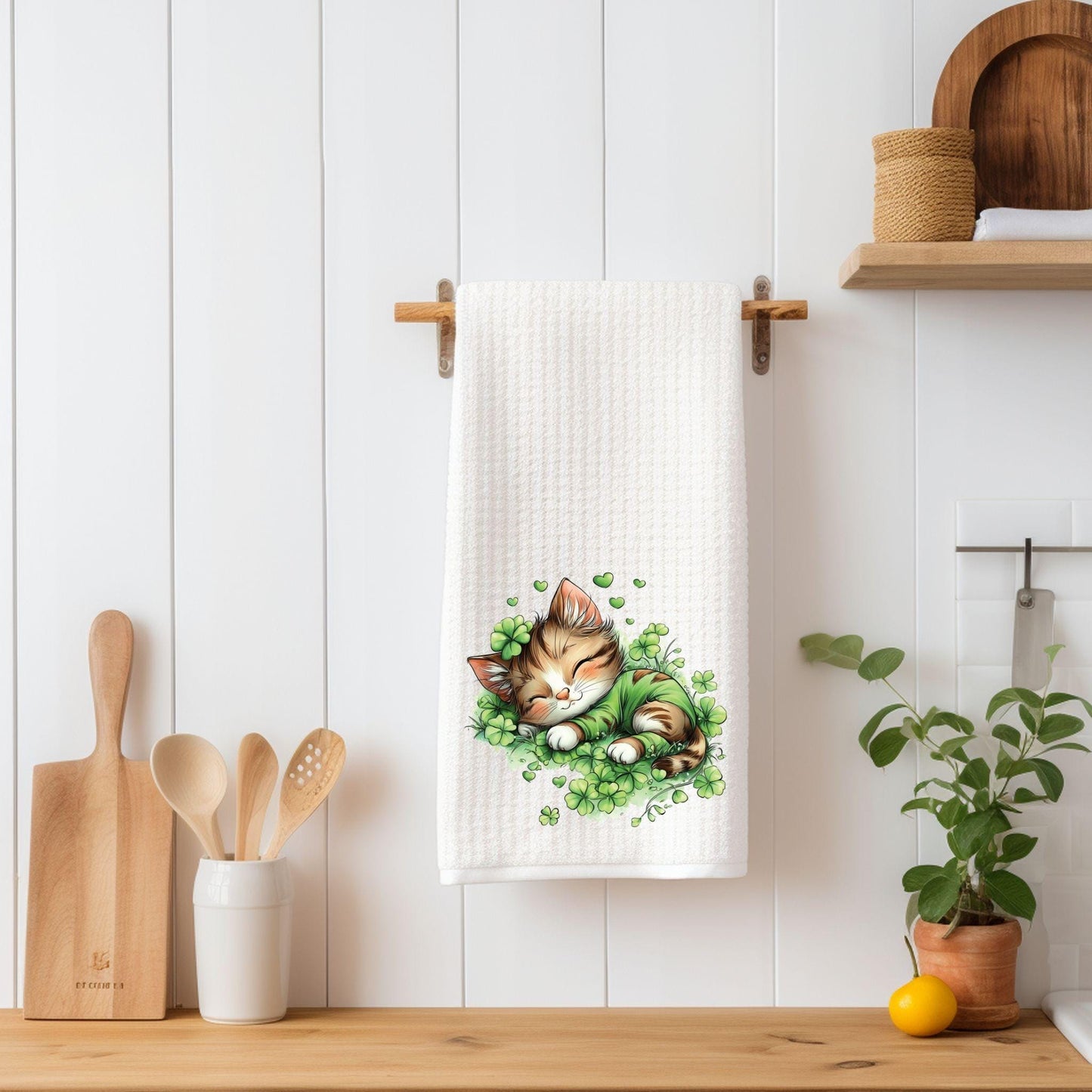 St Patrick’s Day Cat Kitchen Towel | Lucky Shamrock Kitty Waffle Dish Towel | Irish Farmhouse Decor | Green Clover Cat Lover Gift