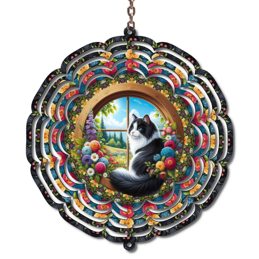 Black and White Cat Wind Spinner 10 Inch | Floral Cat Garden Decor | Cottagecore Outdoor Hanging Spinner | Cat Lover Gift Porch