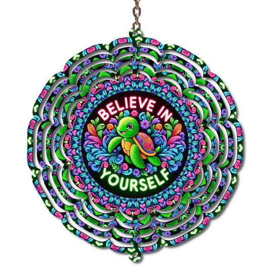 Believe In Yourself Turtle Wind Spinner, 10 Inch Metal Garden Decor, Colorful Outdoor Art