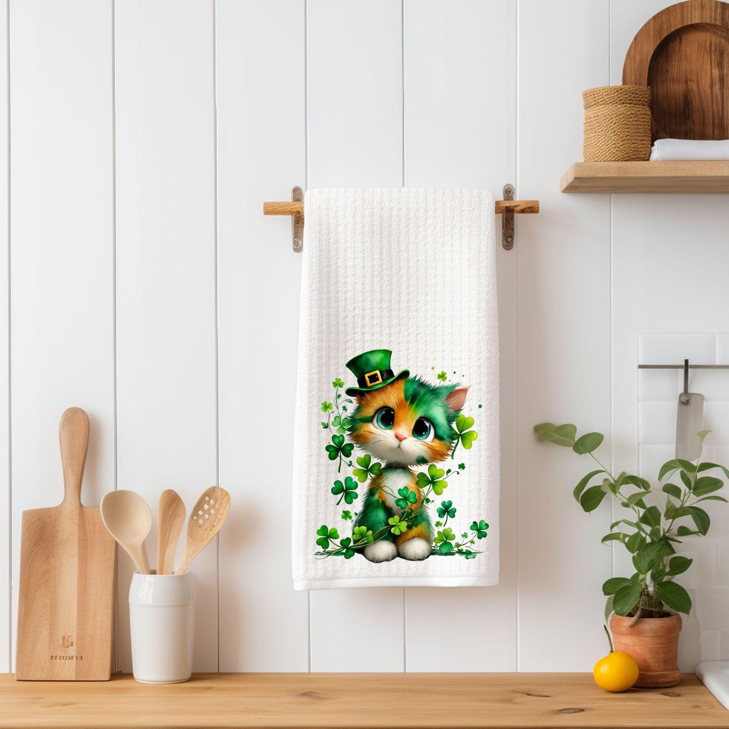 St Patrick’s Day Cat Kitchen Towel | Cute Leprechaun Kitten with Shamrocks | Lucky Irish Cat Decor | Waffle Weave Tea Towel
