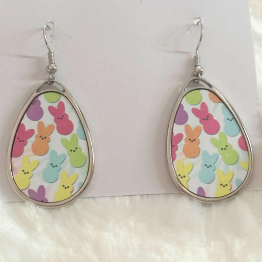Handcrafted pastel bunny teardrop dangle earrings in soft pink and lavender, perfect Easter and spring jewelry gift