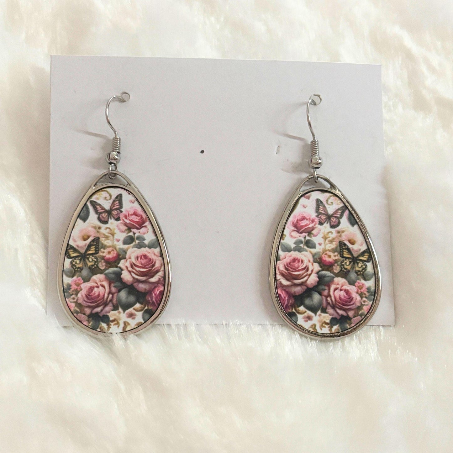 Floral Butterfly Teardrop Earrings, Vintage Rose Dangle Earrings, Lightweight Zinc Alloy Spring Jewelry