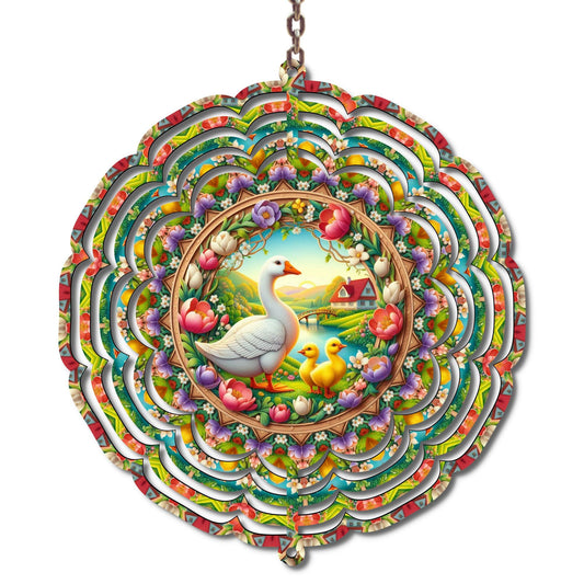 Goose Duckling Wind Spinner, Spring Floral Garden Decor, Cottagecore Yard Art
